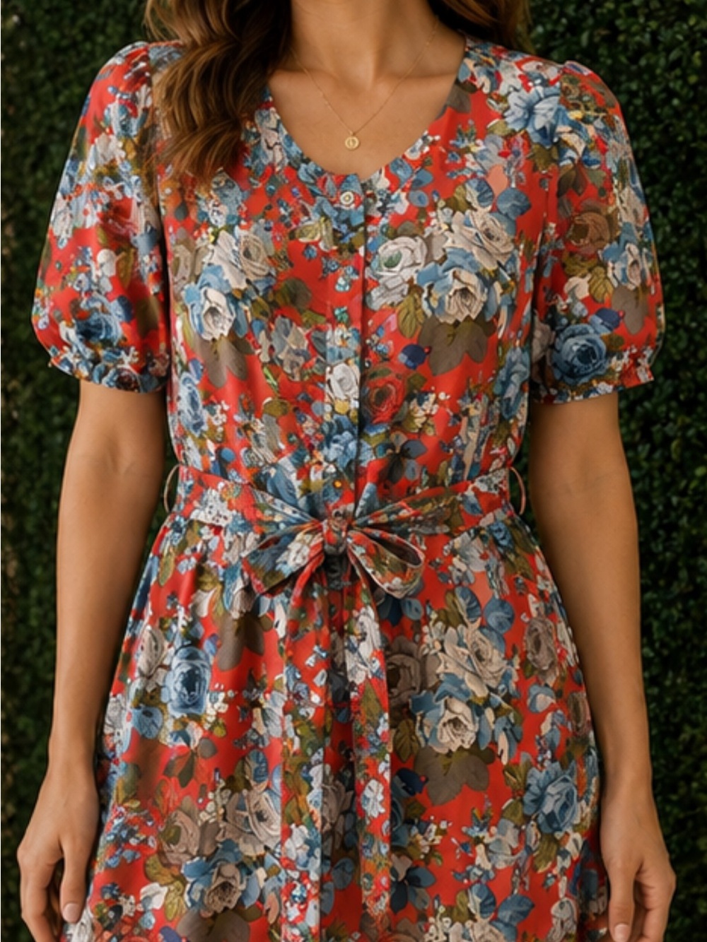 Floral Button-Front Midi Dress with Tie Waist in Coral & Blue